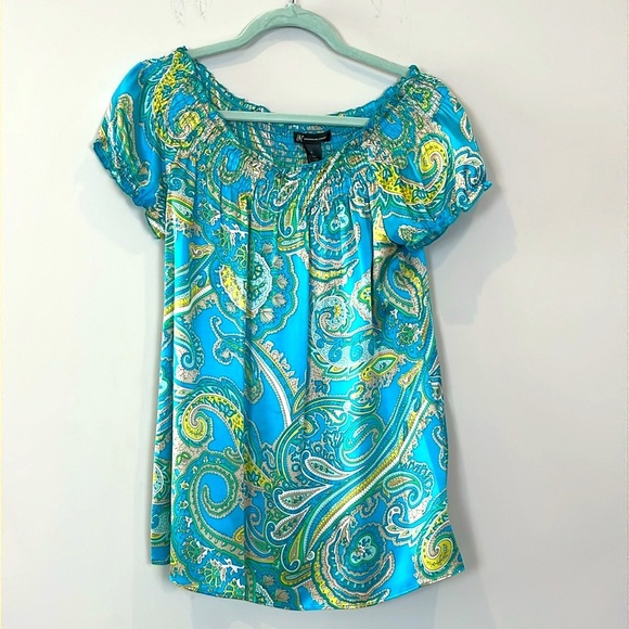 NWOT Inc International Women’s Silk Shirt Size 4 Ruched Off Shoulder - Picture 1 of 6